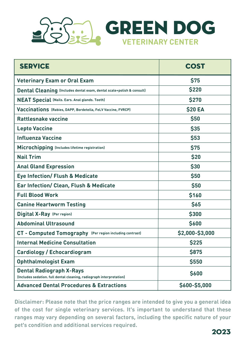 Green Dog Service Pricing Sheet.