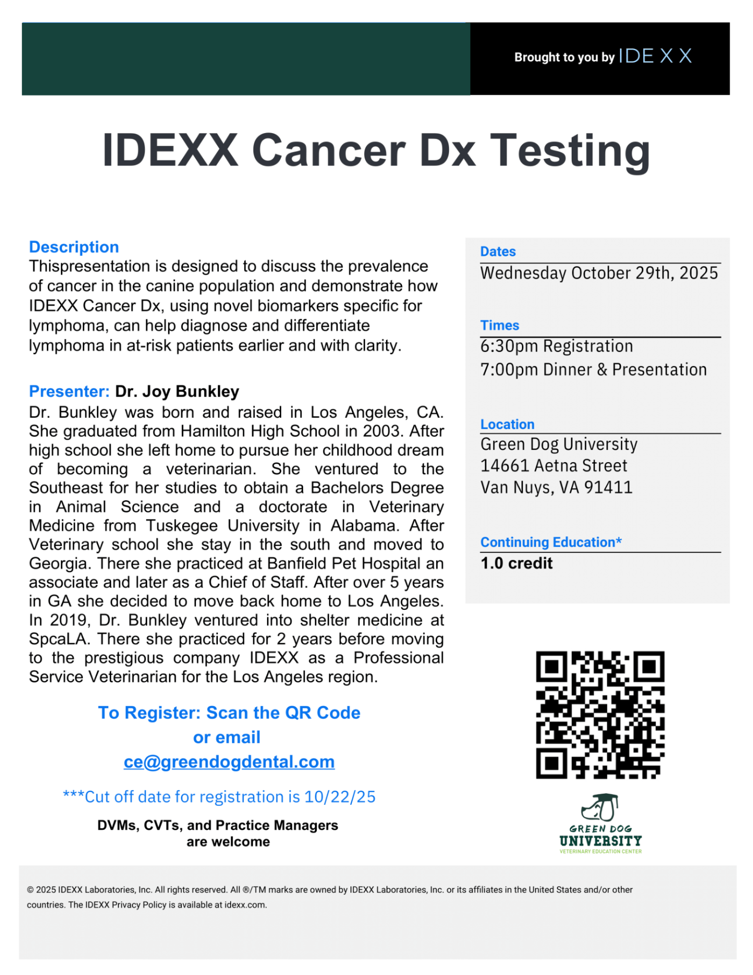 Flyer for IDEXX Cancer Dx Testing Event