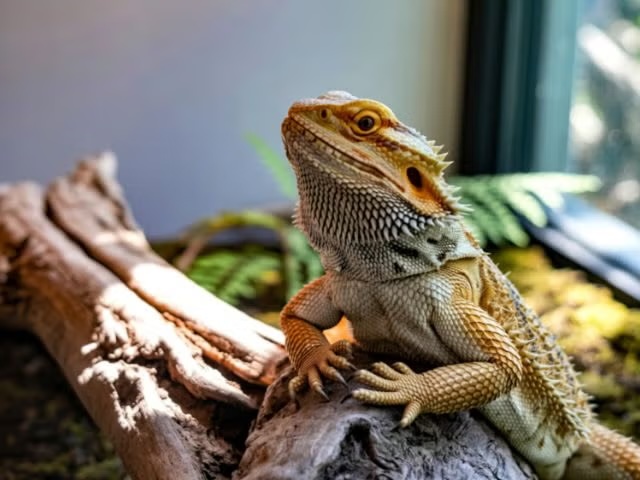 A bearded dragon perched on a log in a terrarium, representing bearded dragon exotic pet care services in Sherman Oaks